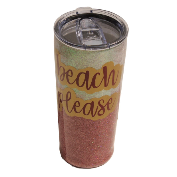 Tumbler Tapered Smooth 20 ounce. "Beach Please" in colors of gold and silver representing the ocean.