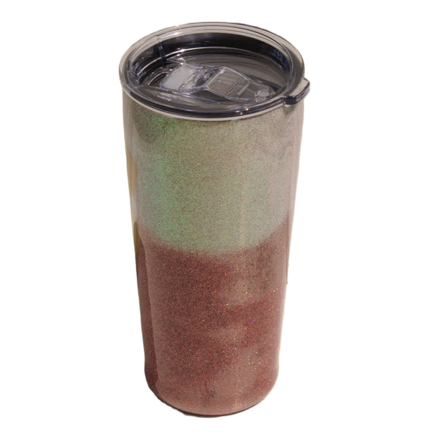 Tumbler Tapered Smooth 20 ounce. "Beach Please" in colors of gold and silver representing the ocean.