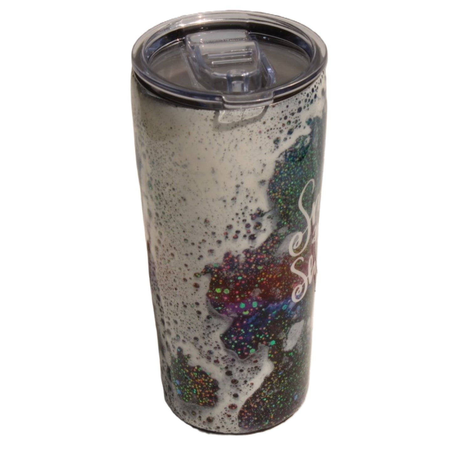 Tumbler Tapered Smooth 16 ounce with the words "Smile and Shine" epoxied on it