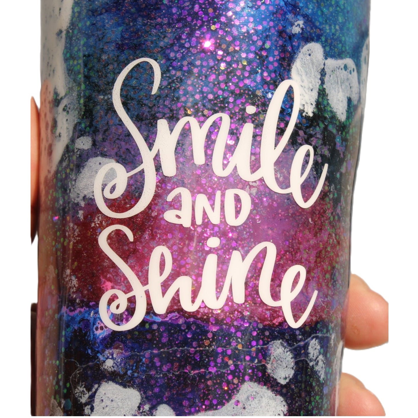 Tumbler Tapered Smooth 16 ounce with the words "Smile and Shine" epoxied on it