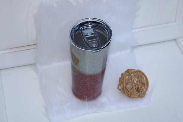 Tumbler Tapered Smooth 20 ounce. "Beach Please" in colors of gold and silver representing the ocean.