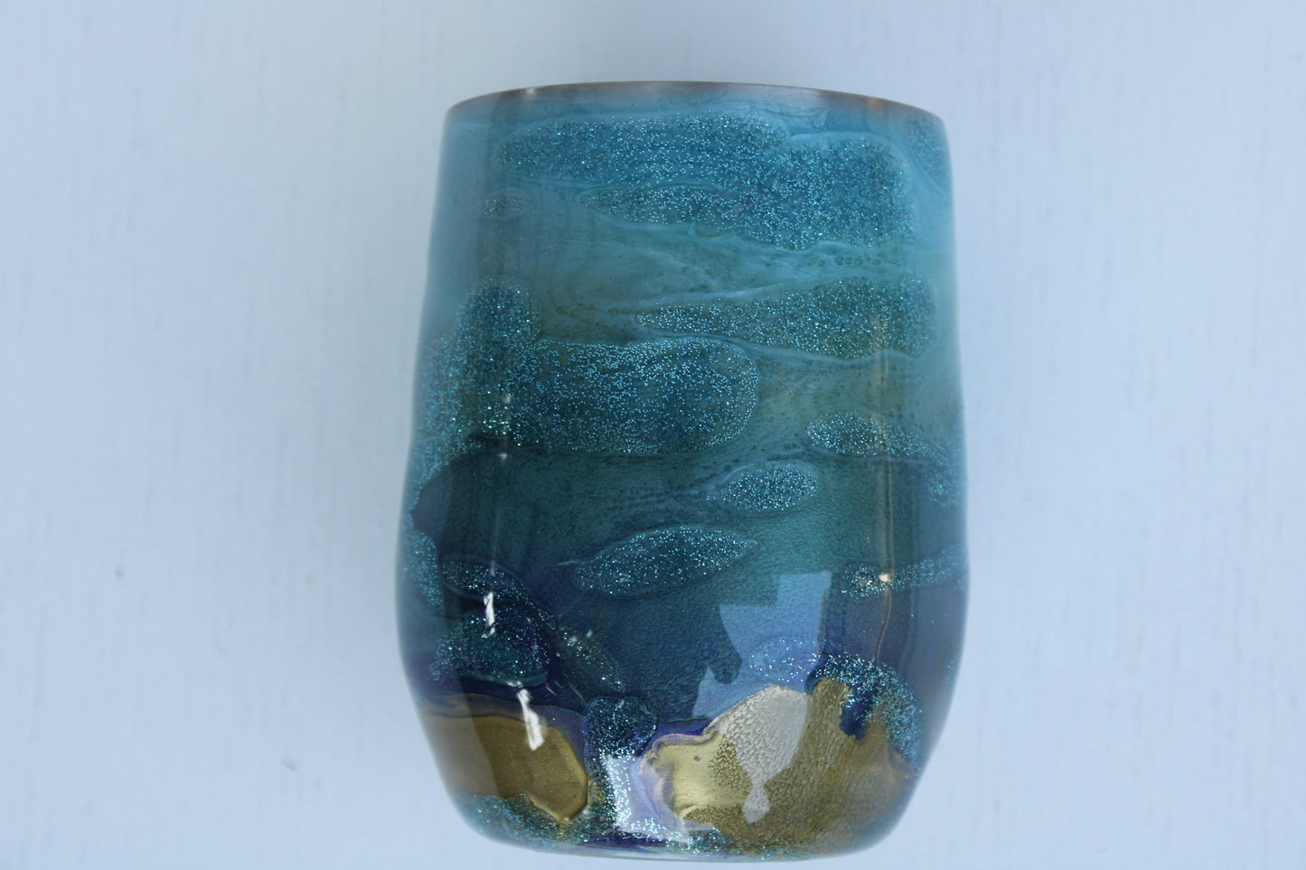 Tumbler Wine glass Stemless 12 ounce we've called (Blue Ghost). Stainless Steel cup painted and epoxied in layers of beautiful colors.