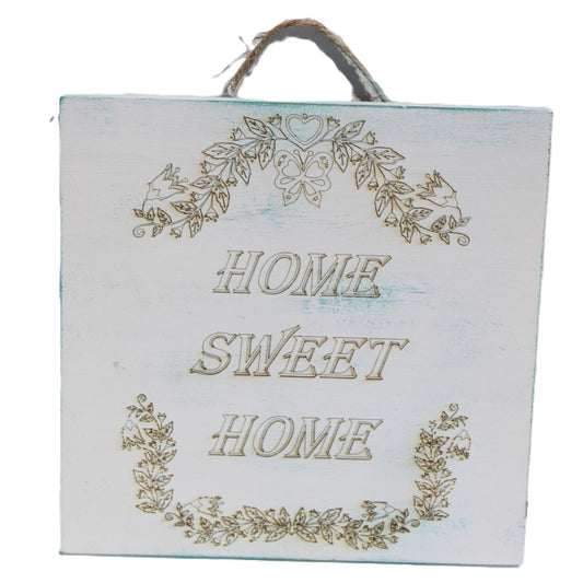 Sign that reads Home Sweet Home. 12x10x1 inches. Twine rope hanger. Painted rustic white