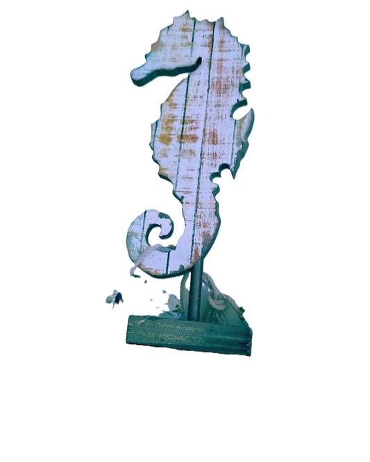 Seahorse profile colorful figuring beach decor 10 inches tall wood and mounted on a sturdy wood base