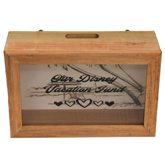 Savings Bank with Disney Vacation Fund and hearts on front and a beach scene engraved in background
