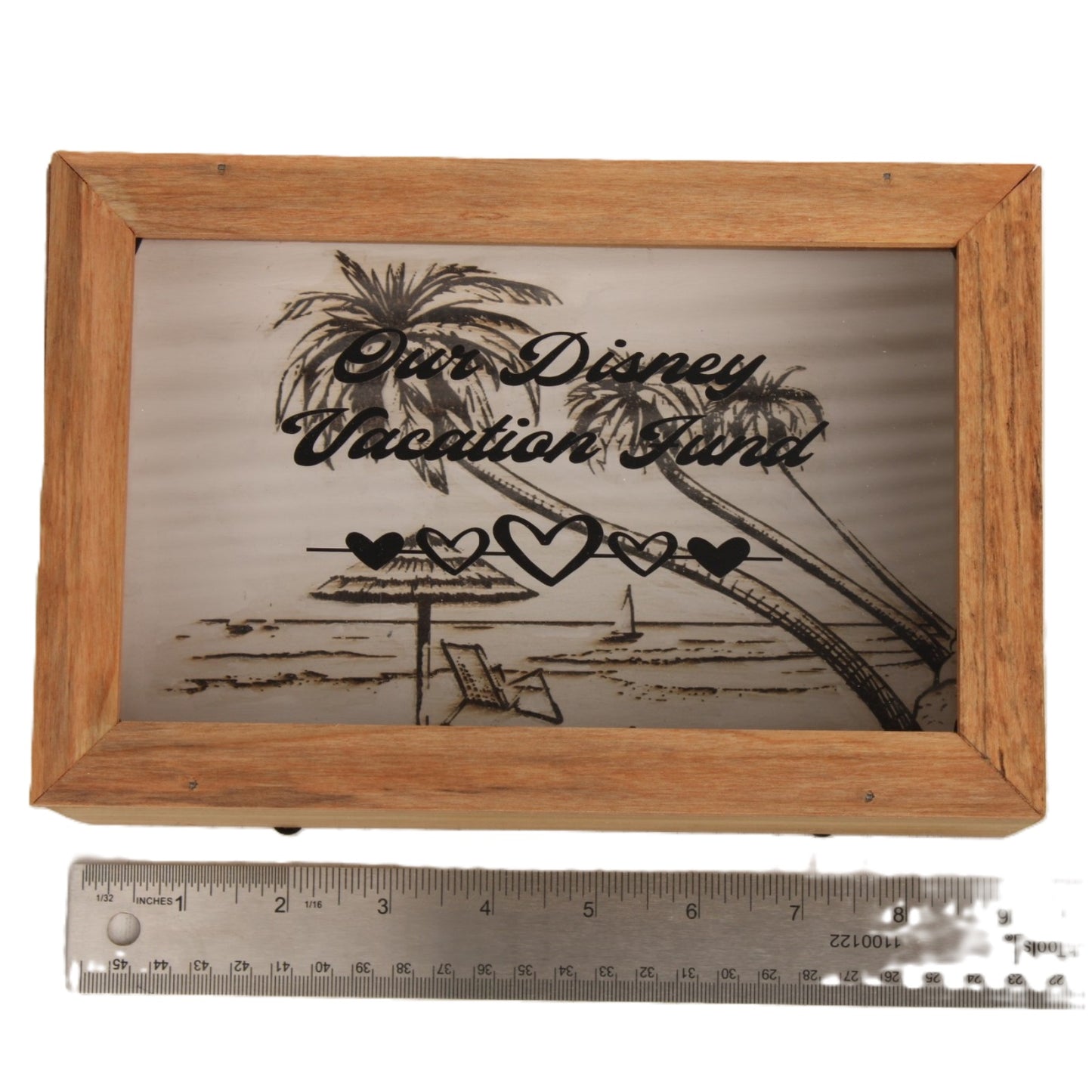 Savings Bank with Disney Vacation Fund and hearts on front and a beach scene engraved in background