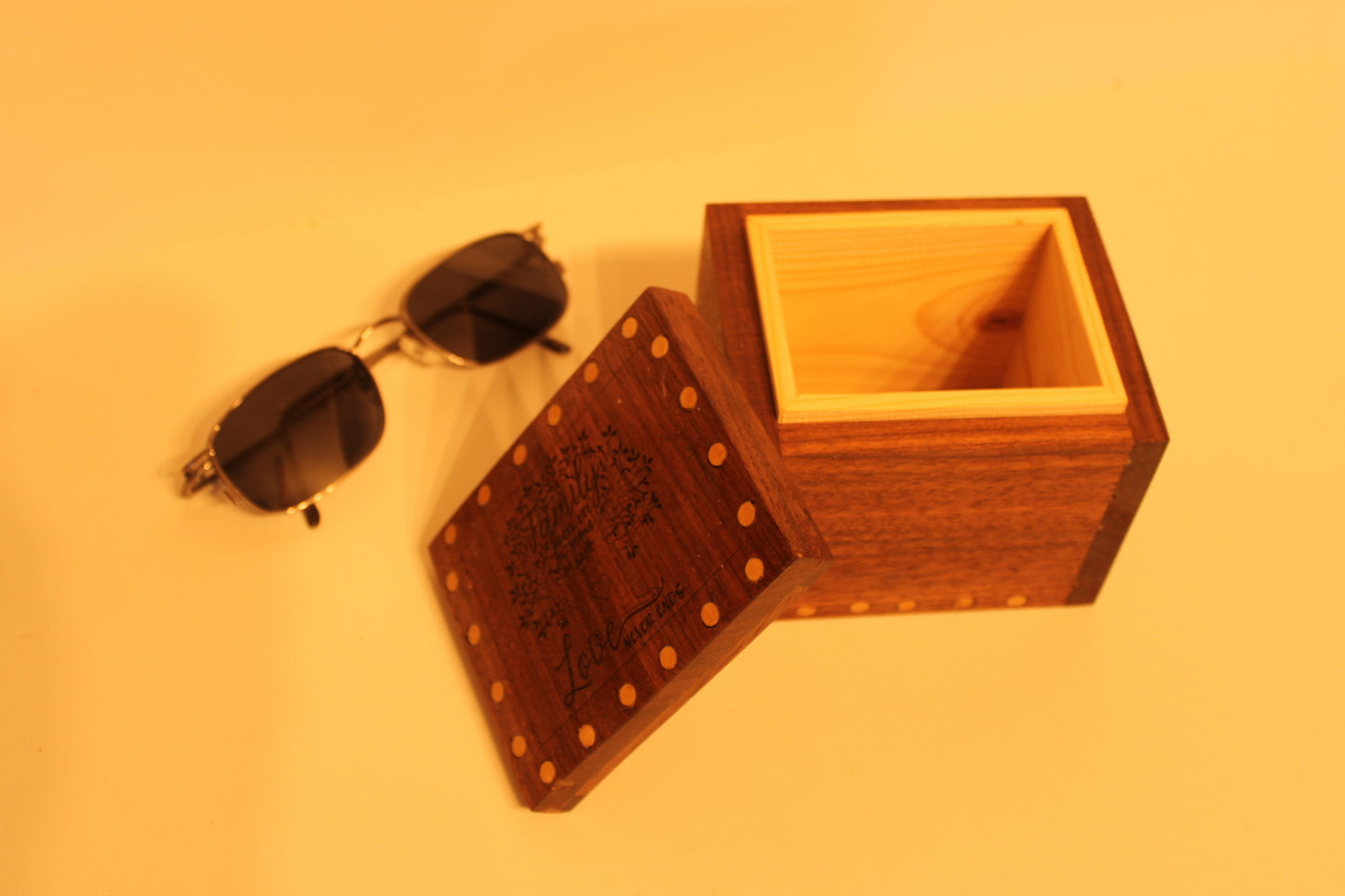 Keepsake Box with Engraved Lid that says Family Where life begins and love never ends made from Walnut and Poplar