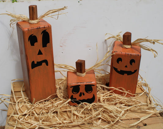 Pumpkins for Halloween Decoration a set of three square with funny faces