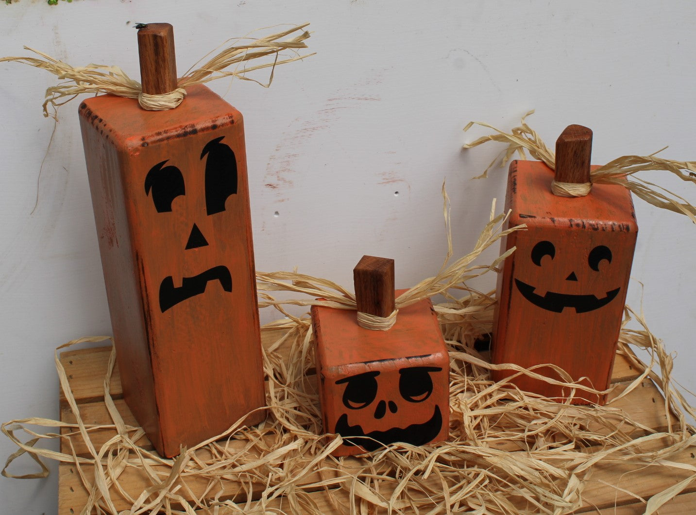 Pumpkins for Halloween Decoration a set of three square with funny faces