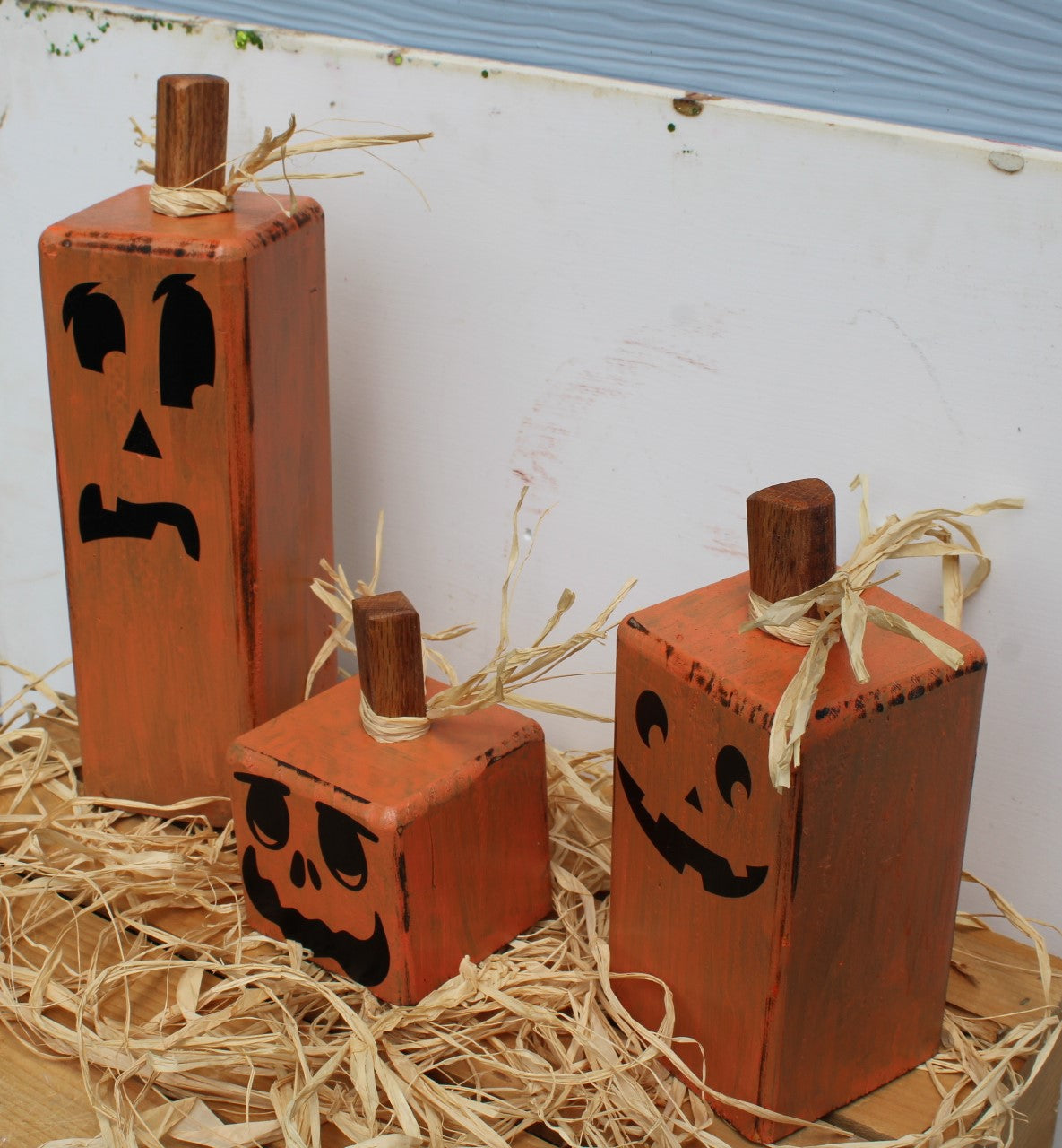 Pumpkins for Halloween Decoration a set of three square with funny faces