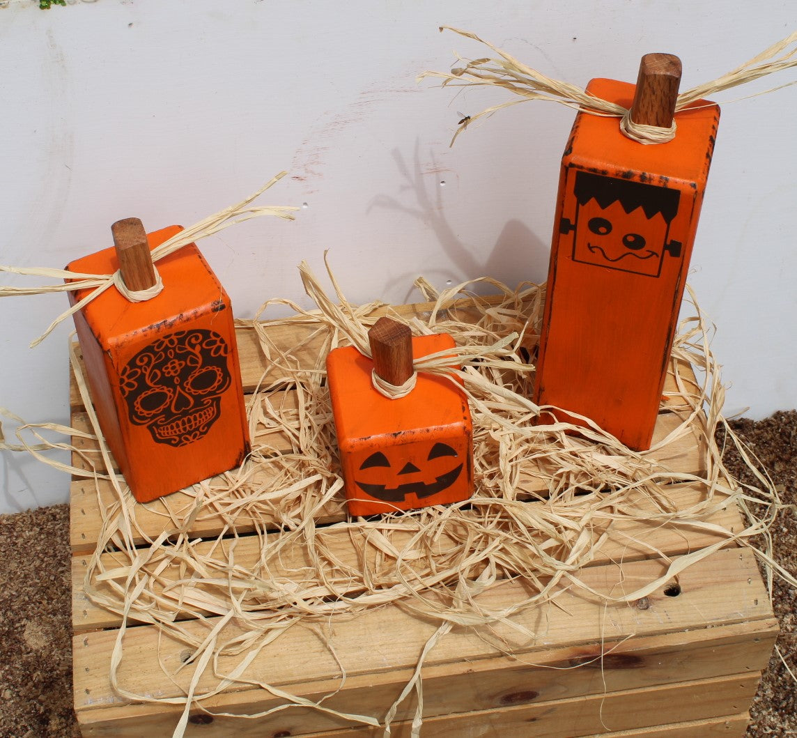 Pumpkins for Halloween Decoration a set of three square with funny faces