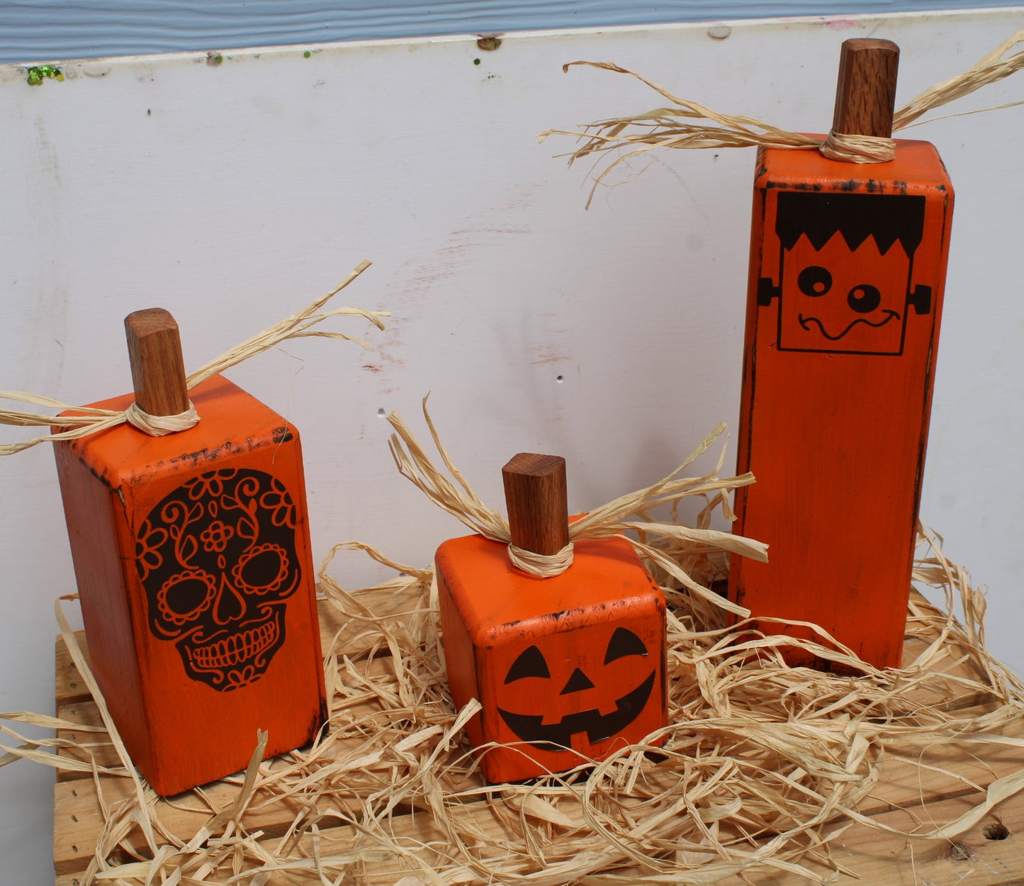 Pumpkins for Halloween Decoration a set of three square with funny faces