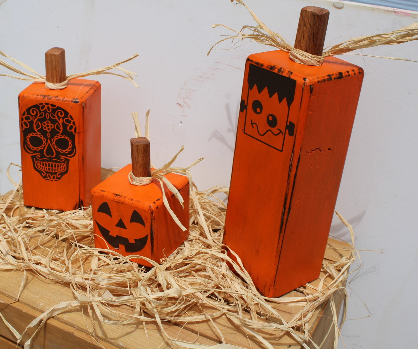 Pumpkins for Halloween Decoration a set of three square with funny faces