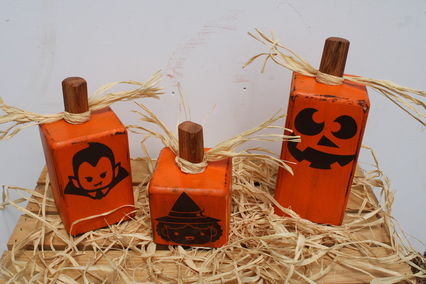 Pumpkins for Halloween Decoration a set of three square with funny faces