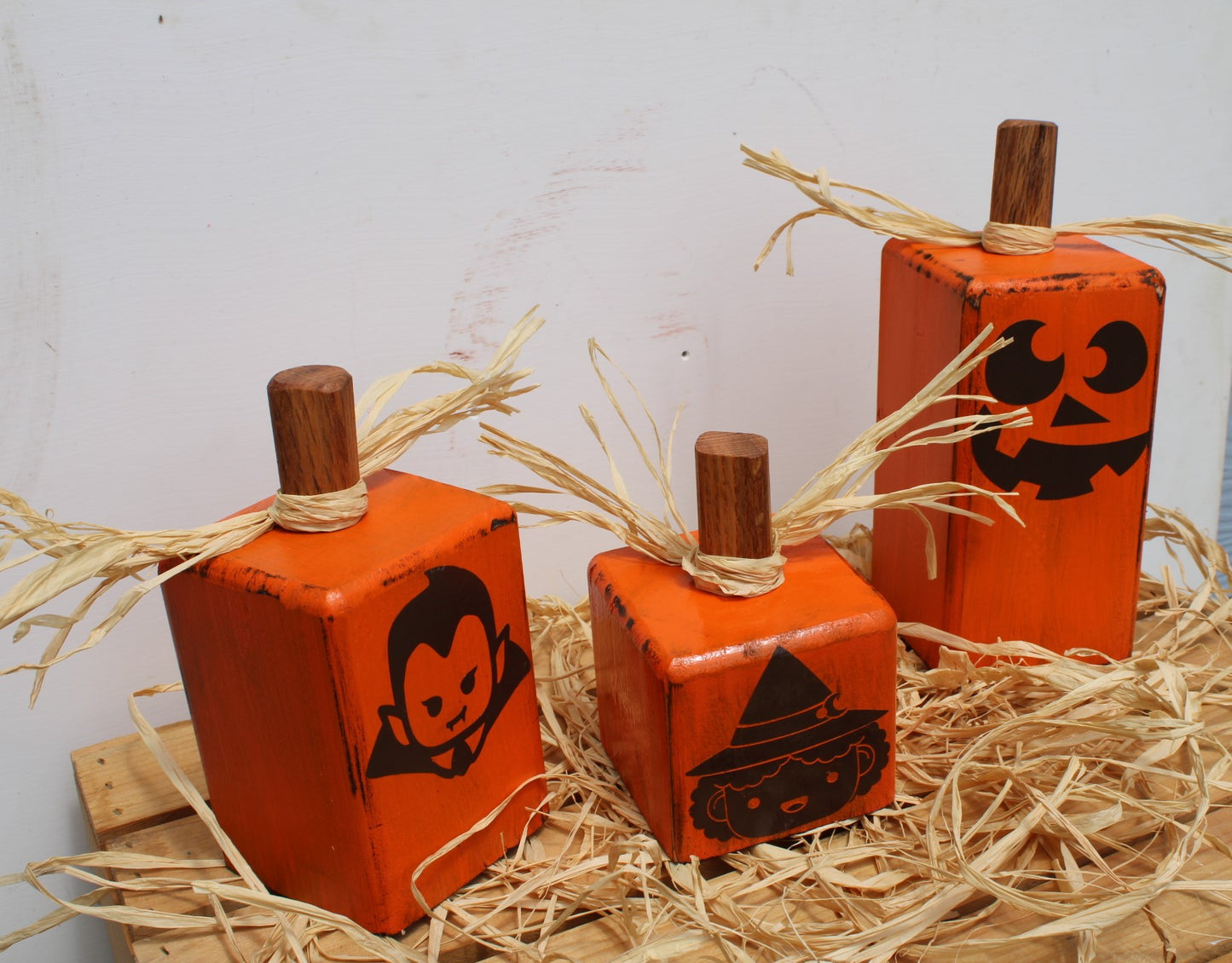 Pumpkins for Halloween Decoration a set of three square with funny faces