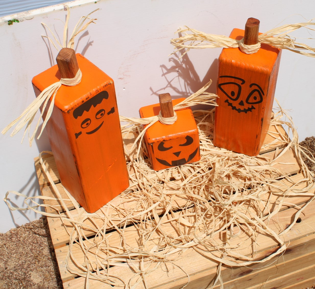 Pumpkins for Halloween Decoration a set of three square with funny faces