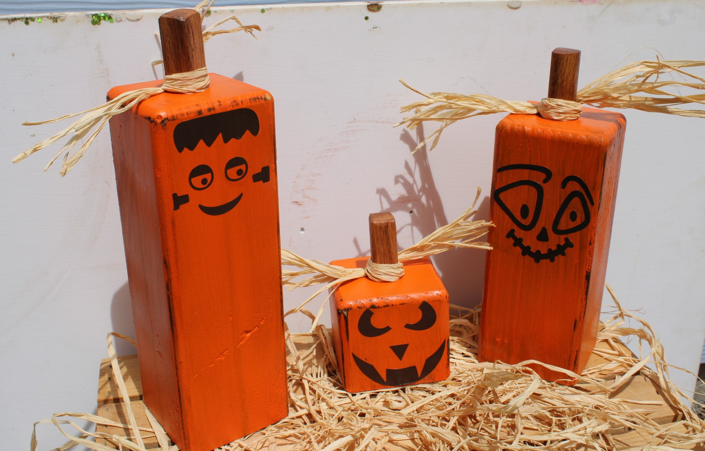 Pumpkins for Halloween Decoration a set of three square with funny faces