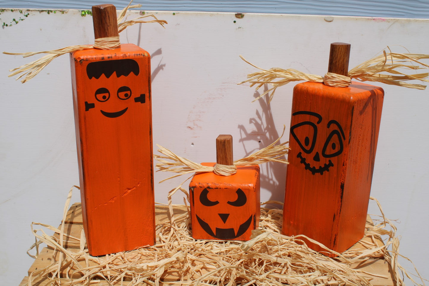 Pumpkins for Halloween Decoration a set of three square with funny faces