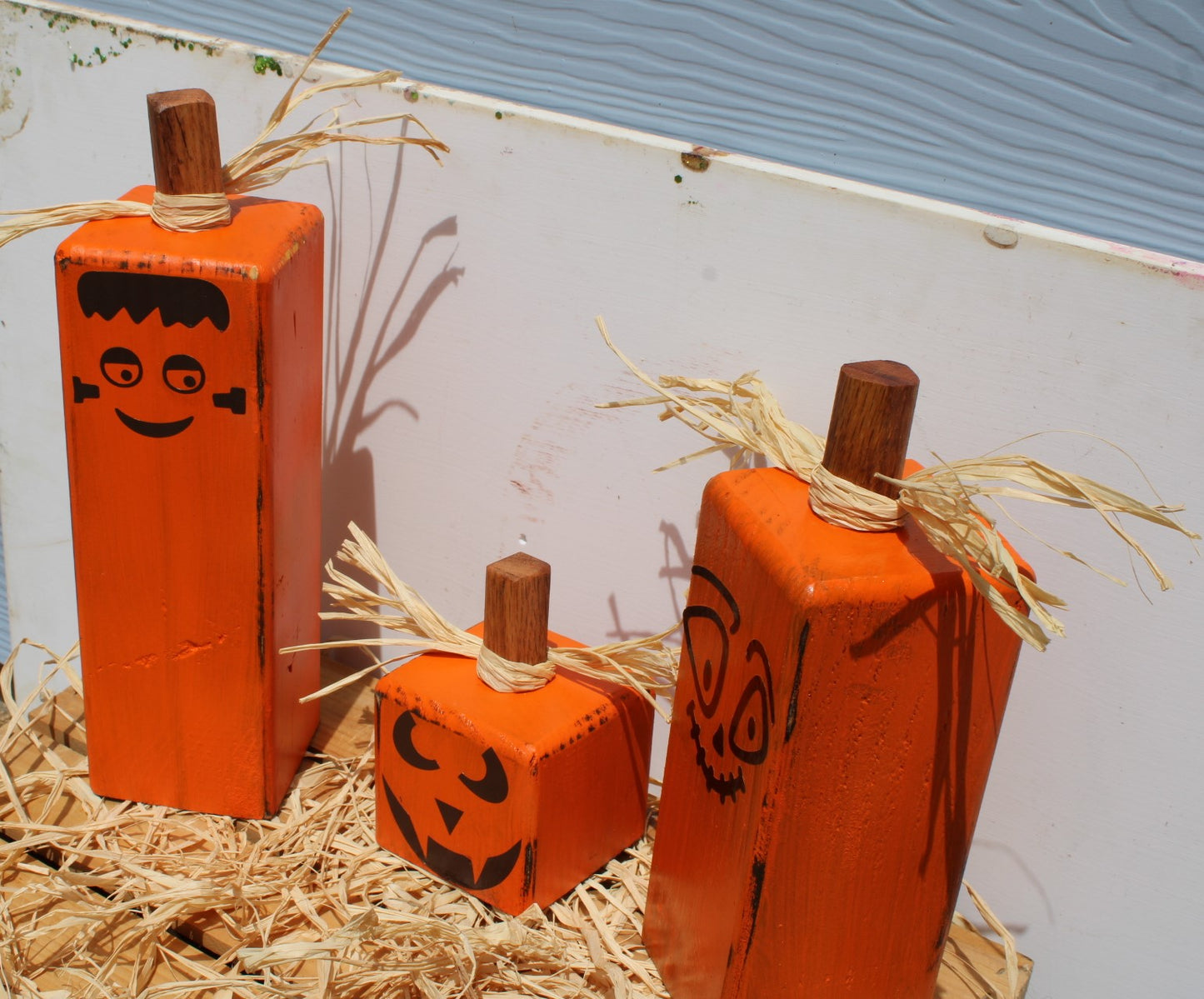 Pumpkins for Halloween Decoration a set of three square with funny faces