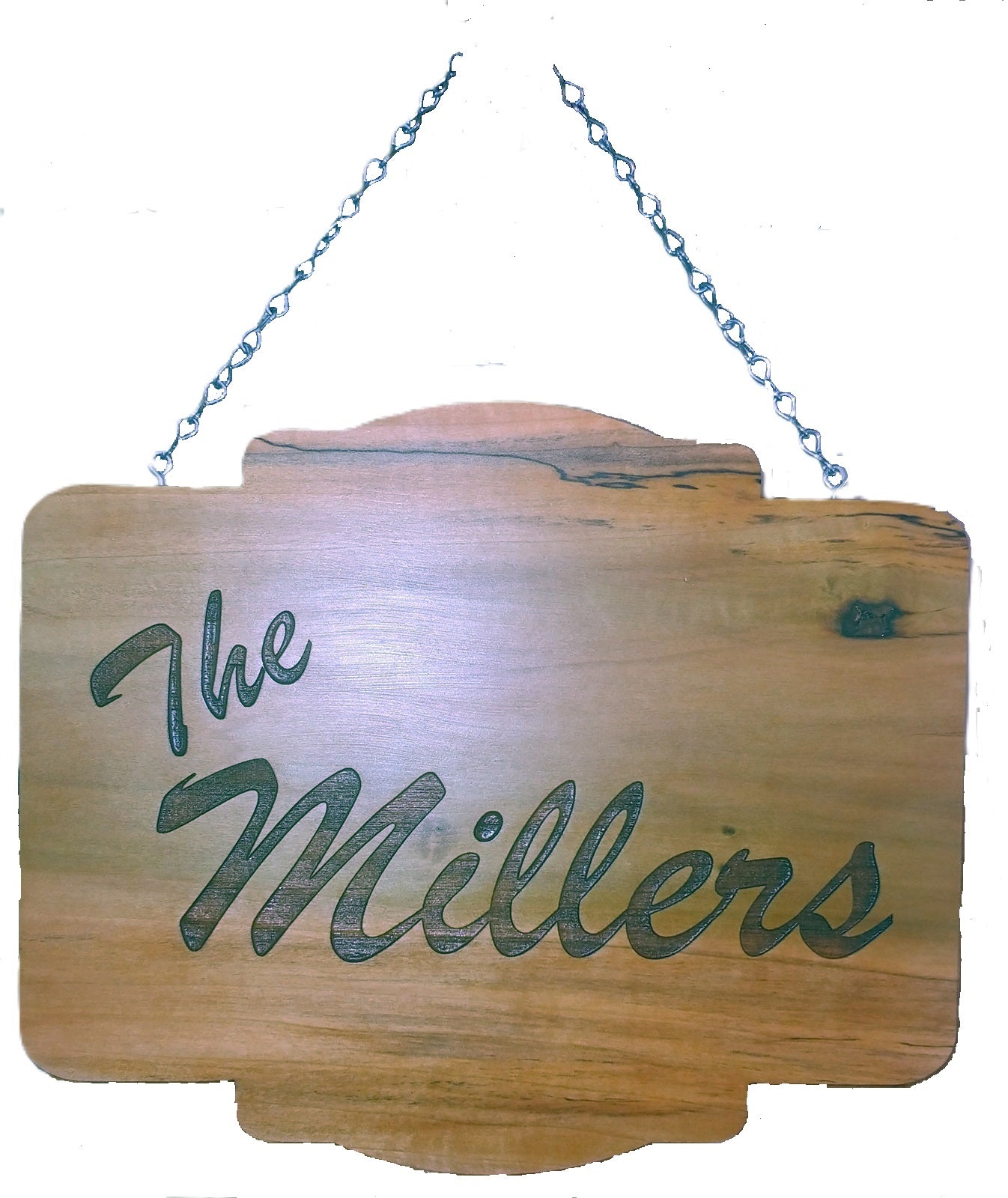 Decorative Sign that reads The Millers. Made from poplar and stained and sealed for outdoors. Rustproof chain. We will customize yours..