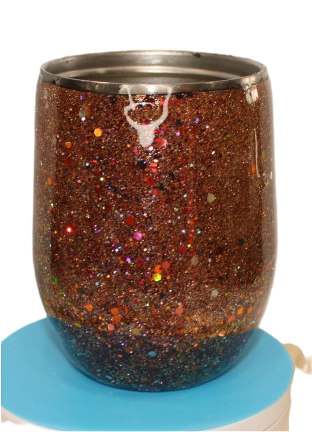Tumbler Wine glass Stemless 12 ounce we've called (Sparkly Copper). Stainless Steel cup painted and epoxied in layers of beautiful colors.