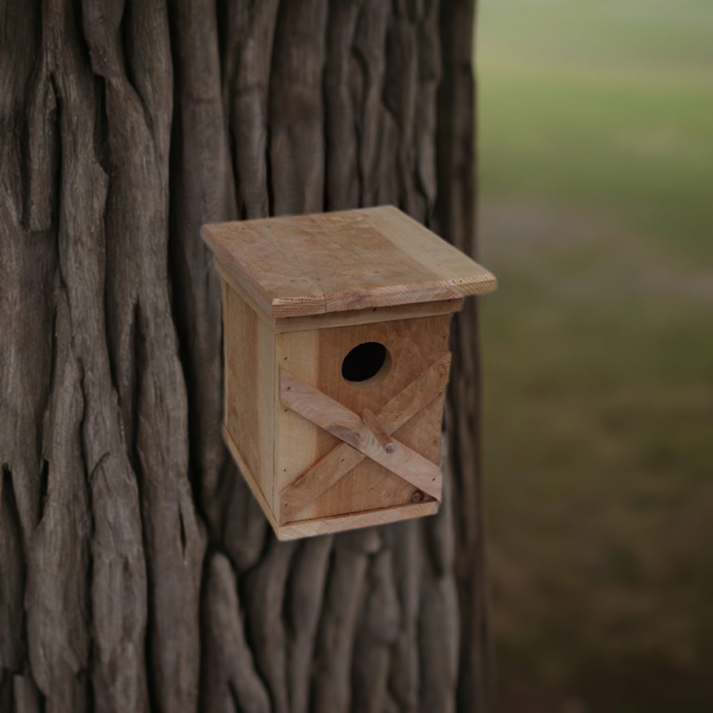 Bird House with an X pattern on front made from cedar