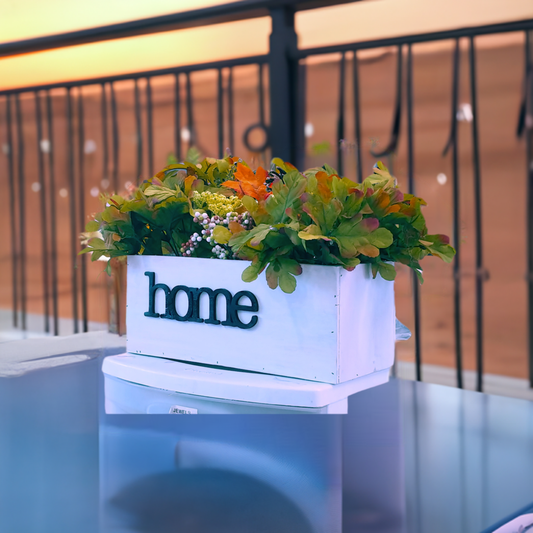 Contemporary flower planter box with the word HOME in 3D letters
