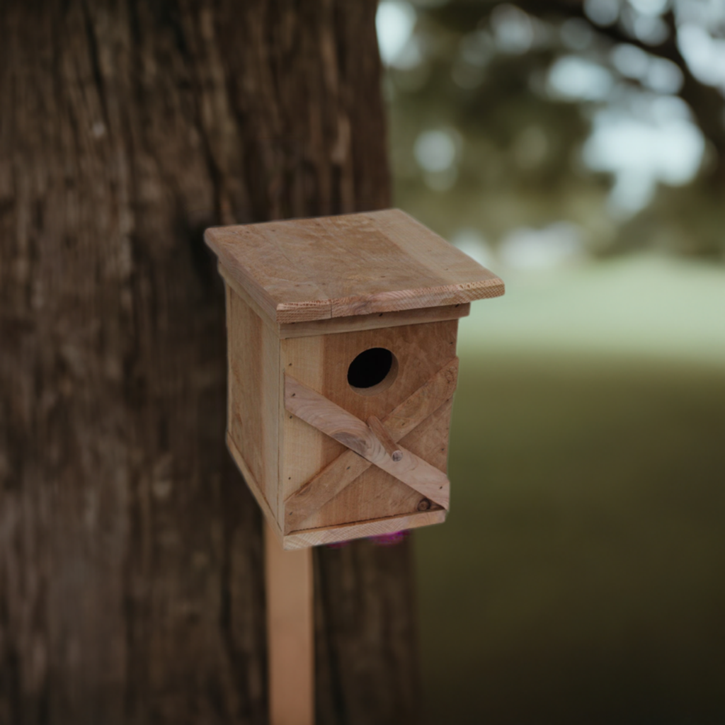 Bird House with an X pattern on front made from cedar