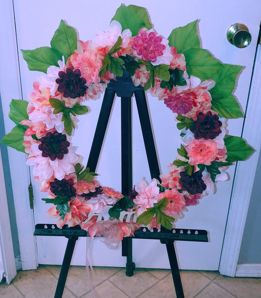Wreath Pink and Burgundy with wood letters "HOME"